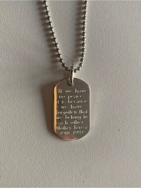 Mother Theresa Silver Dog Tag With Engraved Quote. Ball Chain Necklace